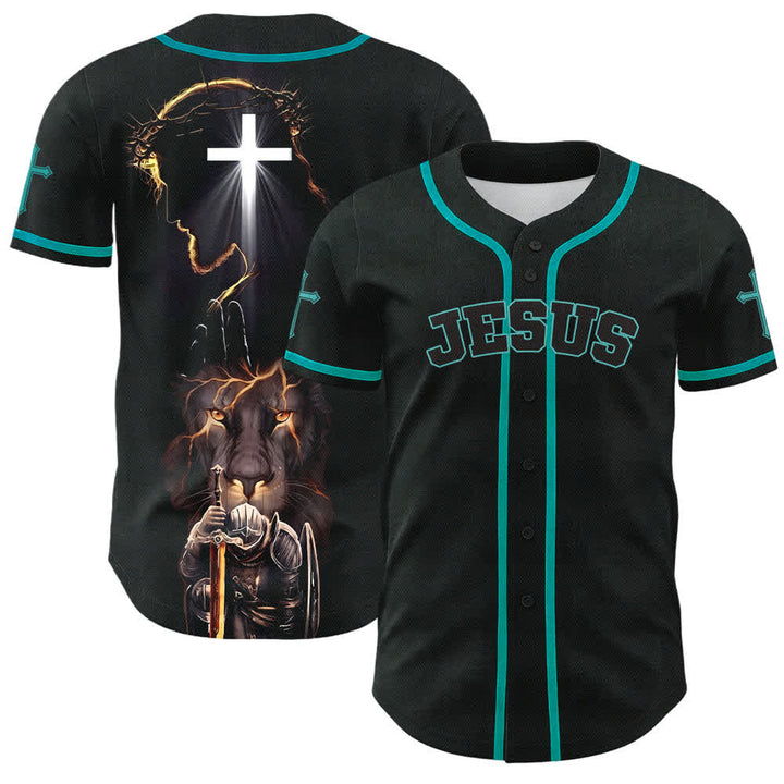 Christianartworkshop Maglia da baseball nera con bottoni raffigurante l'armatura del leone di Gesù - Lago Blu - 5XL - image 35