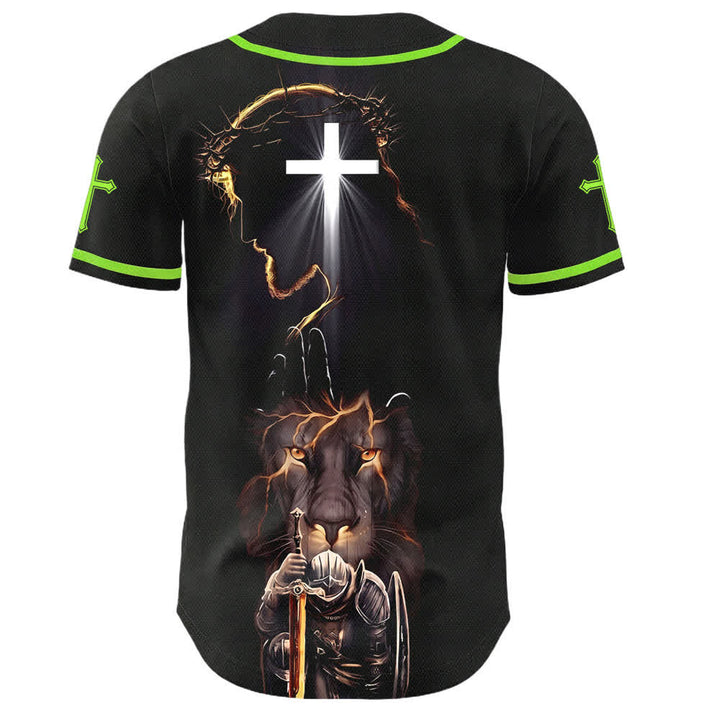 Christianartworkshop Maglia da baseball nera con bottoni raffigurante l'armatura del leone di Gesù - image 50