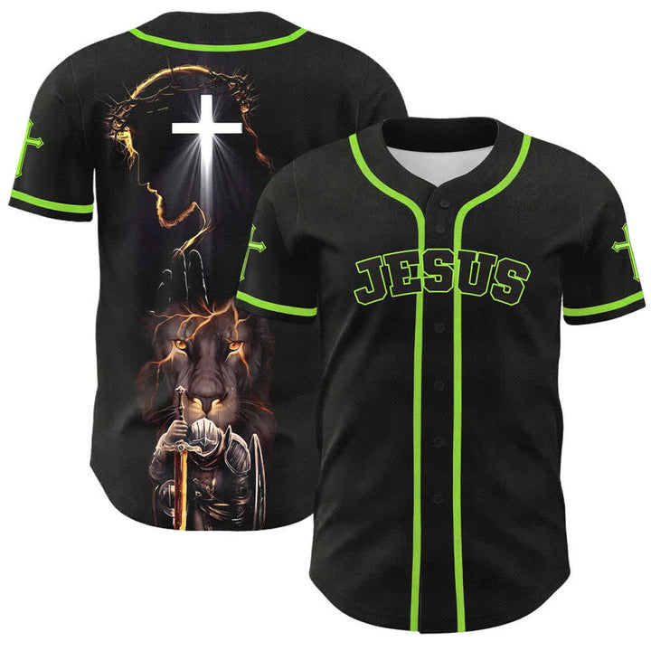 Christianartworkshop Maglia da baseball nera con bottoni raffigurante l'armatura del leone di Gesù - Verde - 5XL - image 49