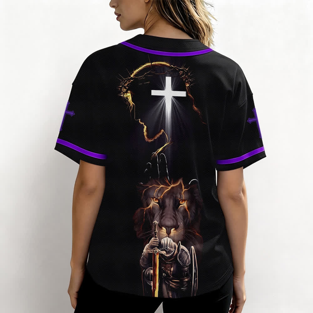 Christianartworkshop Maglia da baseball nera con bottoni raffigurante l'armatura del leone di Gesù - image 59