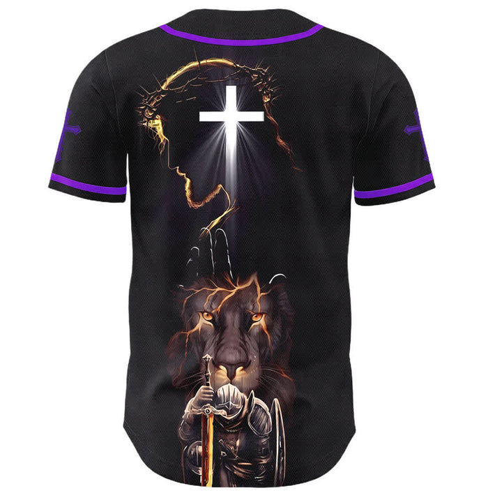 Christianartworkshop Maglia da baseball nera con bottoni raffigurante l'armatura del leone di Gesù - image 57
