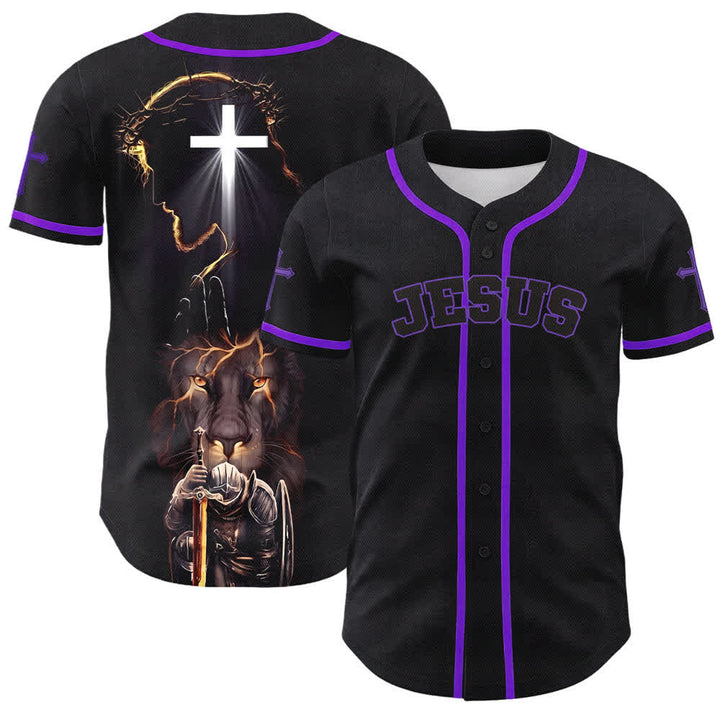 Christianartworkshop Maglia da baseball nera con bottoni raffigurante l'armatura del leone di Gesù - Viola - 5XL - image 56