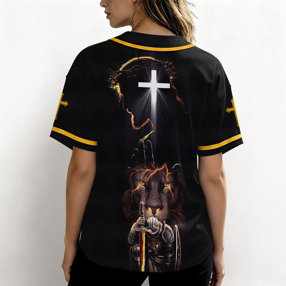 Christianartworkshop Maglia da baseball nera con bottoni raffigurante l'armatura del leone di Gesù - image 17