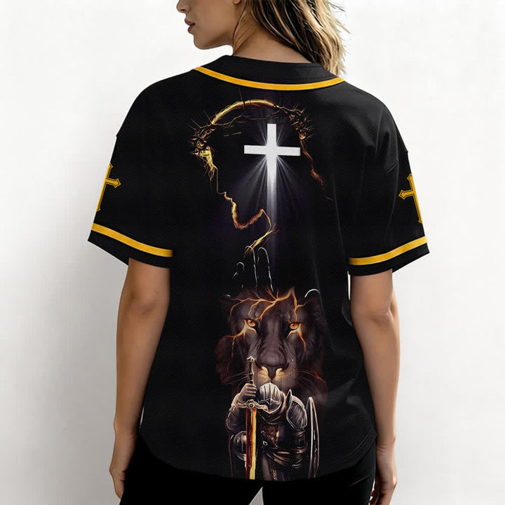 Christianartworkshop Maglia da baseball nera con bottoni raffigurante l'armatura del leone di Gesù - image 17