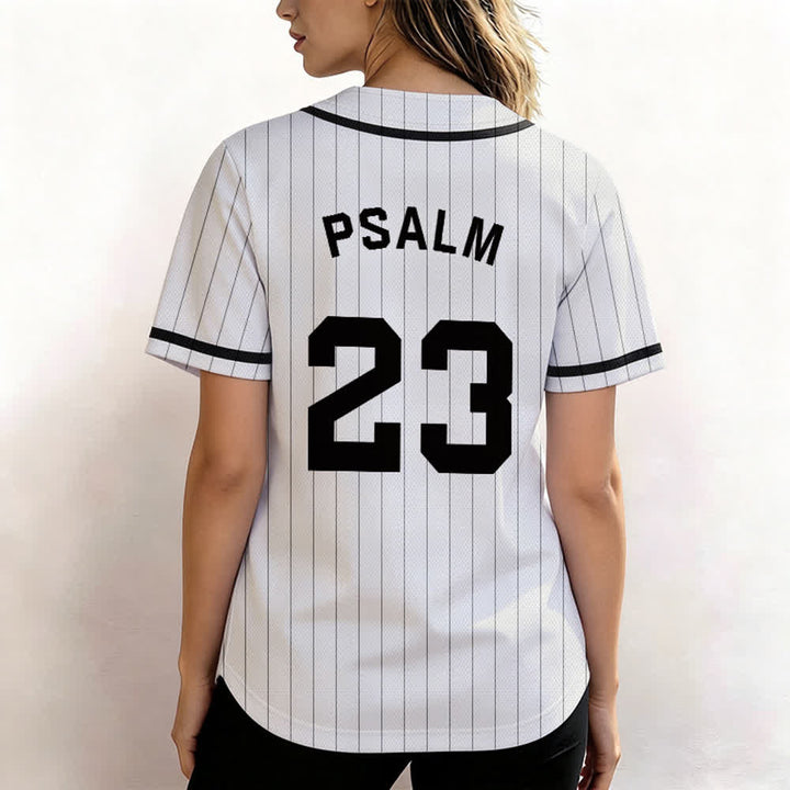 Maglia da baseball a righe sottili con bottoni, ispirata al Salmo 23, Christianartworkshop. - image 3