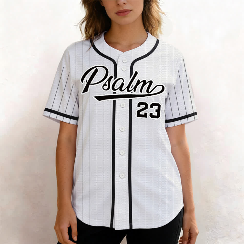 Maglia da baseball a righe sottili con bottoni, ispirata al Salmo 23, Christianartworkshop. - image 4