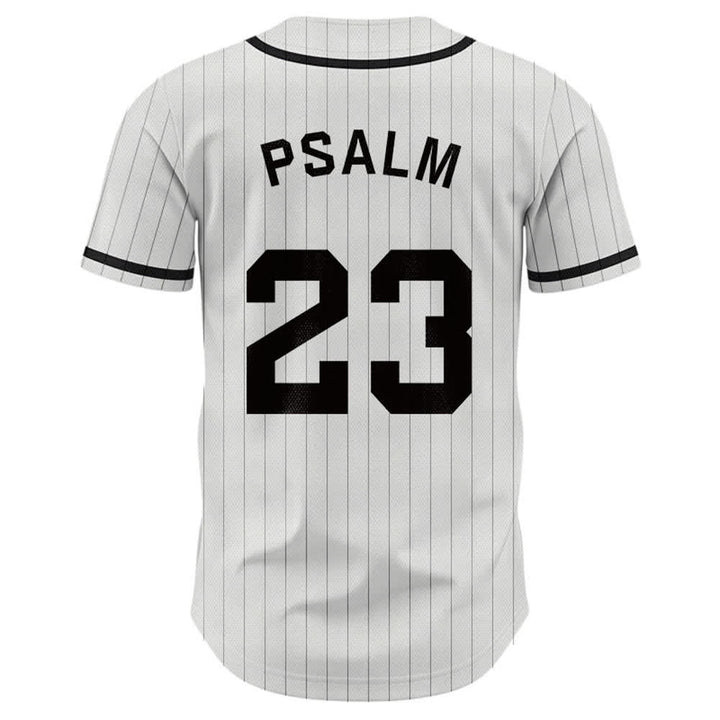 Maglia da baseball a righe sottili con bottoni, ispirata al Salmo 23, Christianartworkshop. - image 1