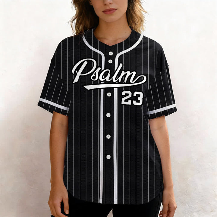 Maglia da baseball a righe sottili con bottoni, ispirata al Salmo 23, Christianartworkshop. - image 13