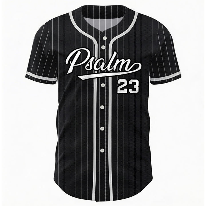 Maglia da baseball a righe sottili con bottoni, ispirata al Salmo 23, Christianartworkshop. - image 9
