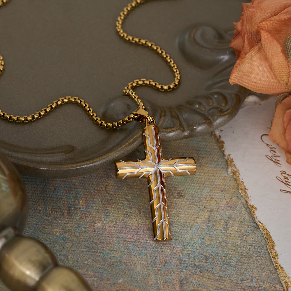 Collana con ciondolo a croce inciso con motivo a fulmine dorato e blu lucido Christianartworkshop : emblema senza tempo di dolce protezione celeste. - image 3