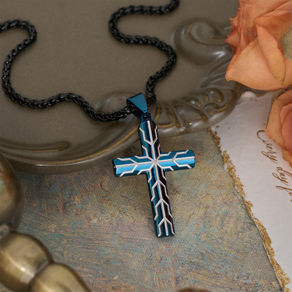 Collana con ciondolo a croce inciso con motivo a fulmine dorato e blu lucido Christianartworkshop : emblema senza tempo di dolce protezione celeste. - Blu - image 5