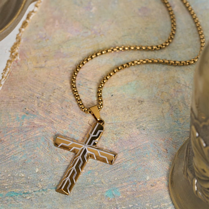 Collana con ciondolo a croce inciso con motivo a fulmine dorato e blu lucido Christianartworkshop : emblema senza tempo di dolce protezione celeste. - image 4