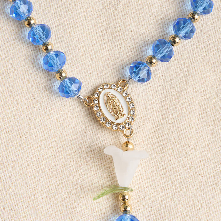 Christianartworkshop Rosario a forma di giglio in vetro blu traslucido con croce ornata di perle: emblema di pura serenità celeste. - image 6