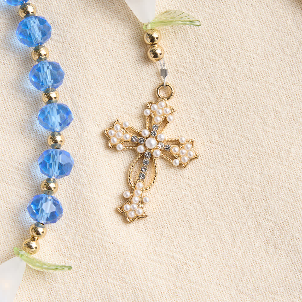 Christianartworkshop Rosario a forma di giglio in vetro blu traslucido con croce ornata di perle: emblema di pura serenità celeste. - image 7