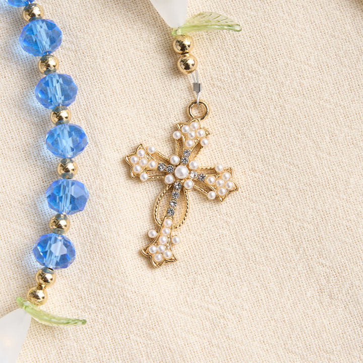 Christianartworkshop Rosario a forma di giglio in vetro blu traslucido con croce ornata di perle: emblema di pura serenità celeste. - image 7