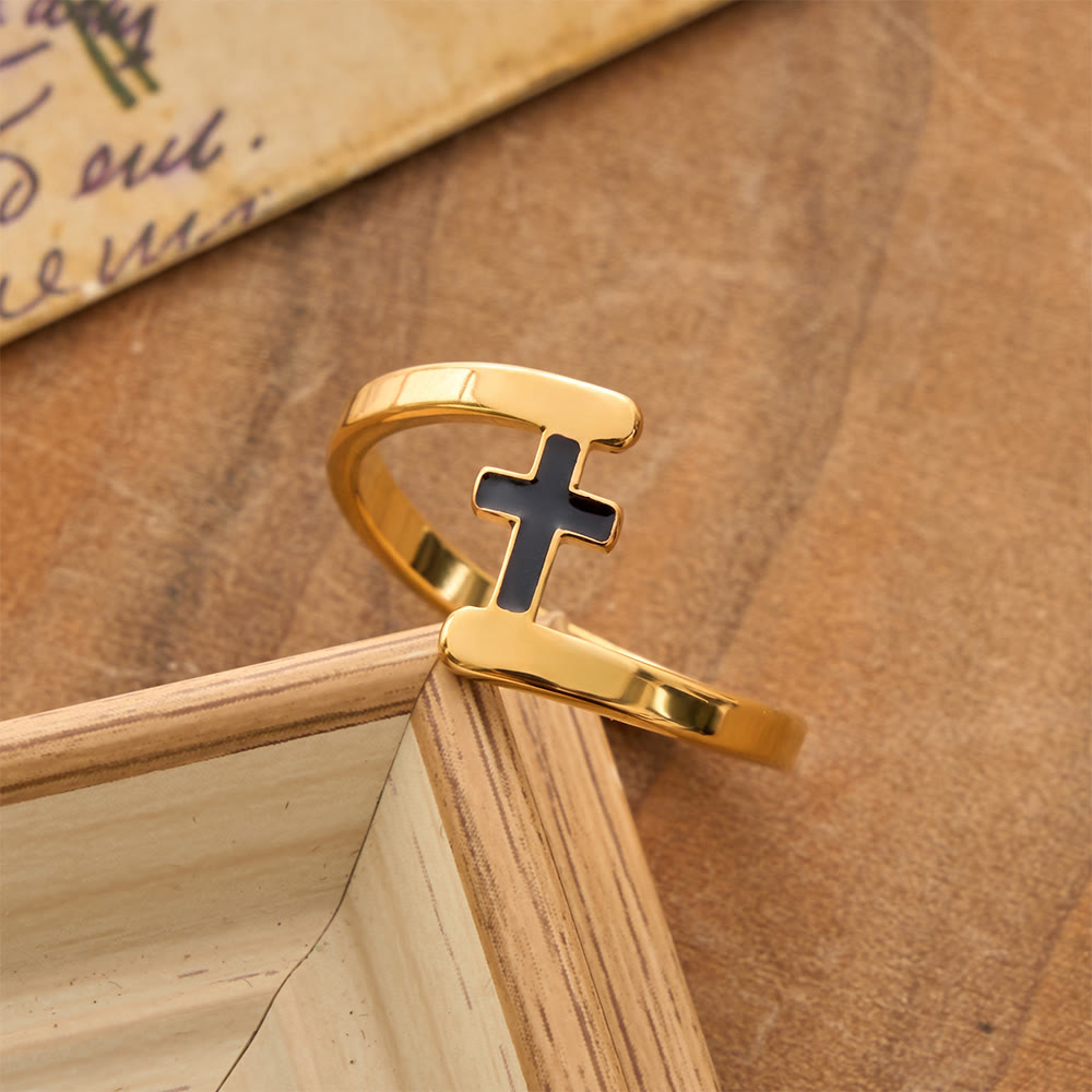 Christianartworkshop Anello con croce intarsiata nera e montatura curva: simbolo di una guida celeste duratura. - D'oro - US 8 - image 0