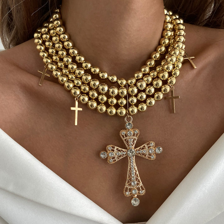 Christianartworkshop Collana girocollo di lusso con perline e croce scintillante: portatrice di calma e serenità celeste. - D'oro - image 0