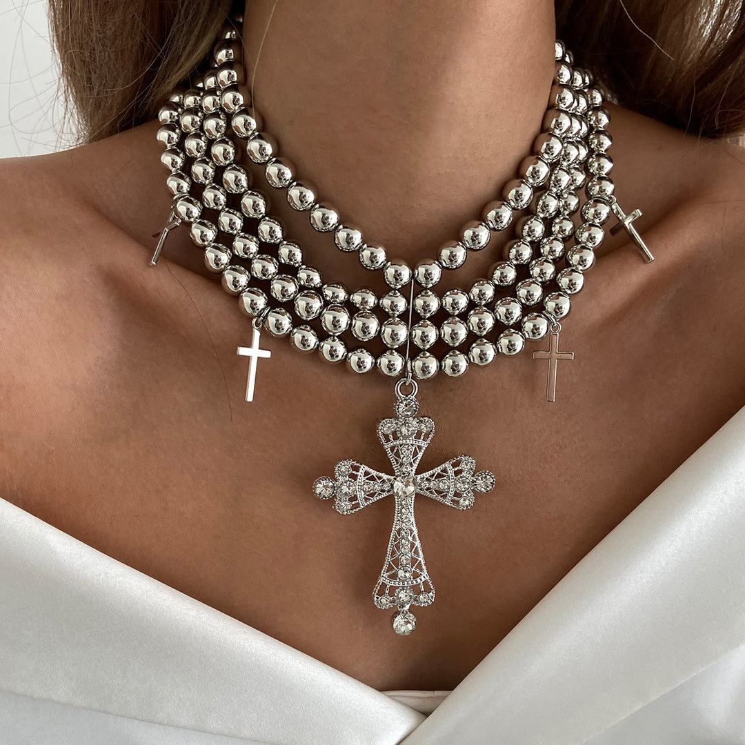 Christianartworkshop Collana girocollo di lusso con perline e croce scintillante: portatrice di calma e serenità celeste. - Argento - image 6