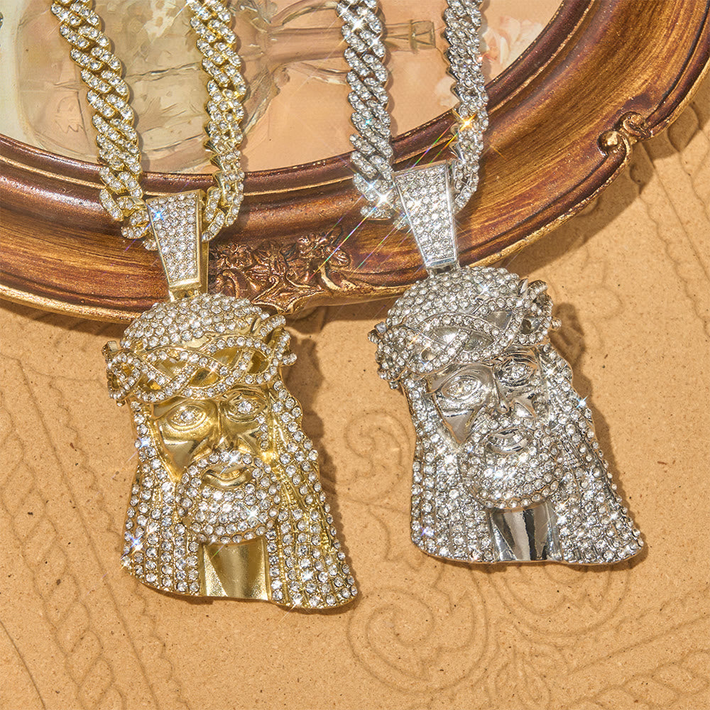 Christianartworkshop Ciondolo a forma di testa di Gesù con corona di spine tempestata di diamanti e catena cubana: emblema di incrollabile forza divina. - image 1