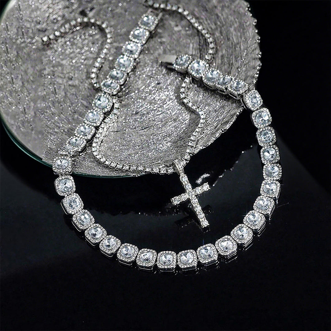 Christianartworkshop Collana con croce a doppio strato tempestata di diamanti: emblema di radiosa benedizione celeste. - Argento - 20''+24''/50cm+60cm - image 5