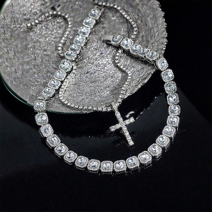 Christianartworkshop Collana con croce a doppio strato tempestata di diamanti: emblema di radiosa benedizione celeste. - Argento - 20''+24''/50cm+60cm - image 5