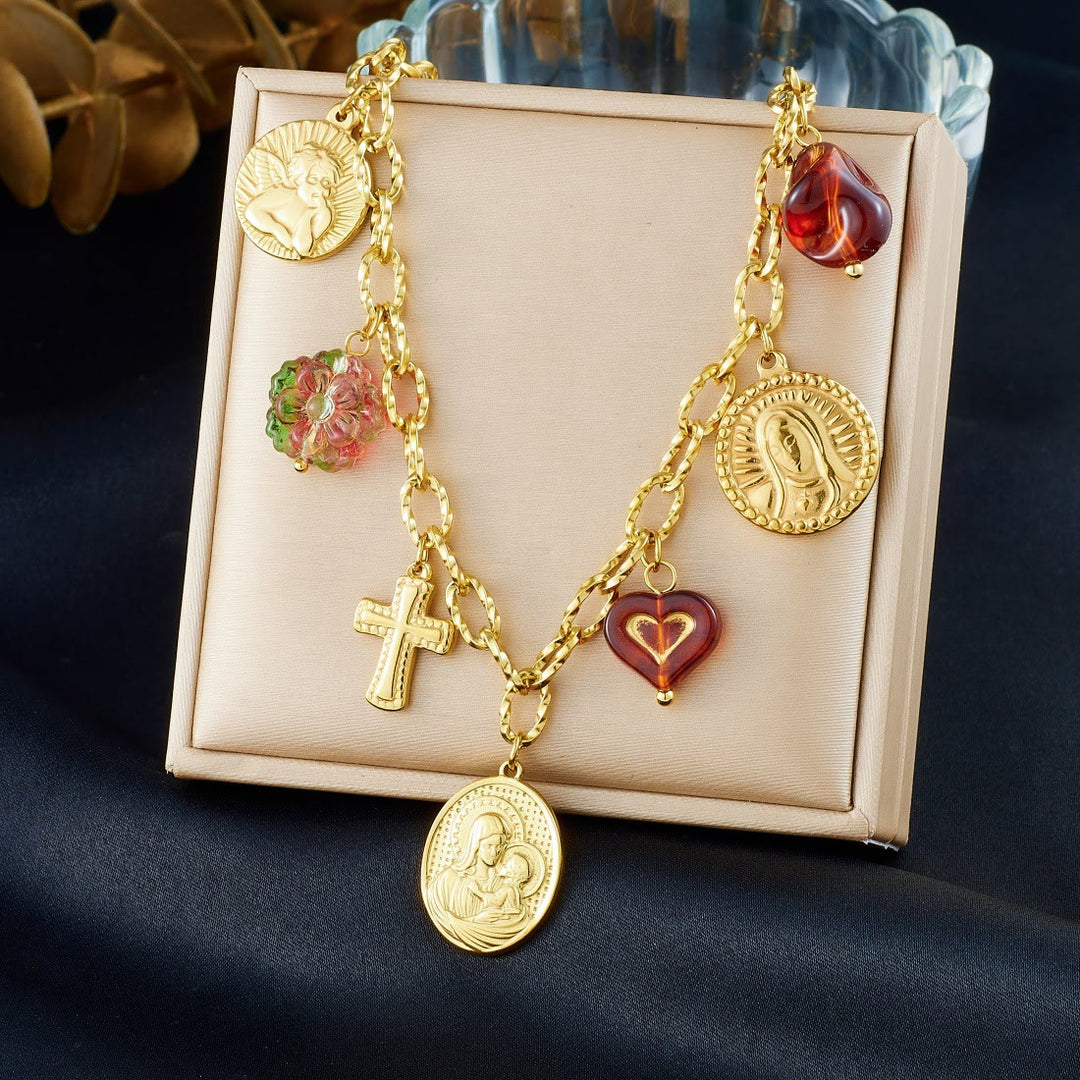 Christianartworkshop Set di collana con ritratto ornato della Vergine Maria e dei Cherubini: simbolo di pacifica guida celeste - image 4