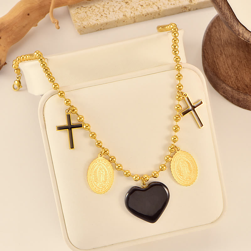 Christianartworkshop Collana vintage con croce e medaglione sacro: simbolo di dolce protezione celeste. - Nostra Signora e la Croce - image 0