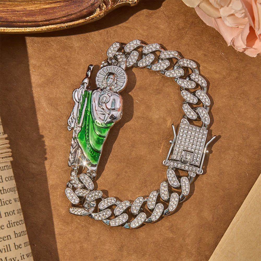 Christianartworkshop Bracciale cubano di lusso con Saint Jude tempestato di diamanti: portatore di conforto benedetto e duraturo - Argento - 9,05''/23 cm - image 0