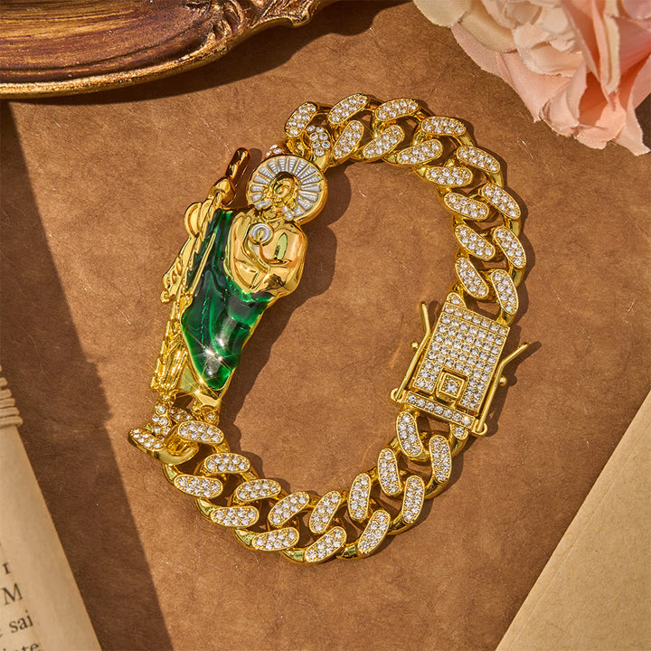 Christianartworkshop Bracciale cubano di lusso con Saint Jude tempestato di diamanti: portatore di conforto benedetto e duraturo - D'oro - 9,05''/23 cm - image 3