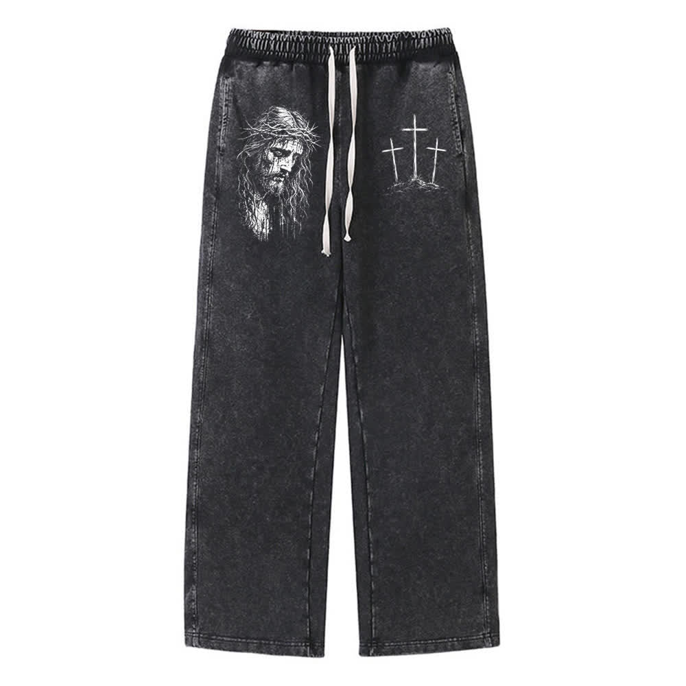Christianartworkshop Vintage Sketch Jesus Three Cross Statement Washed Sweatpants - Nero - XL - image 0