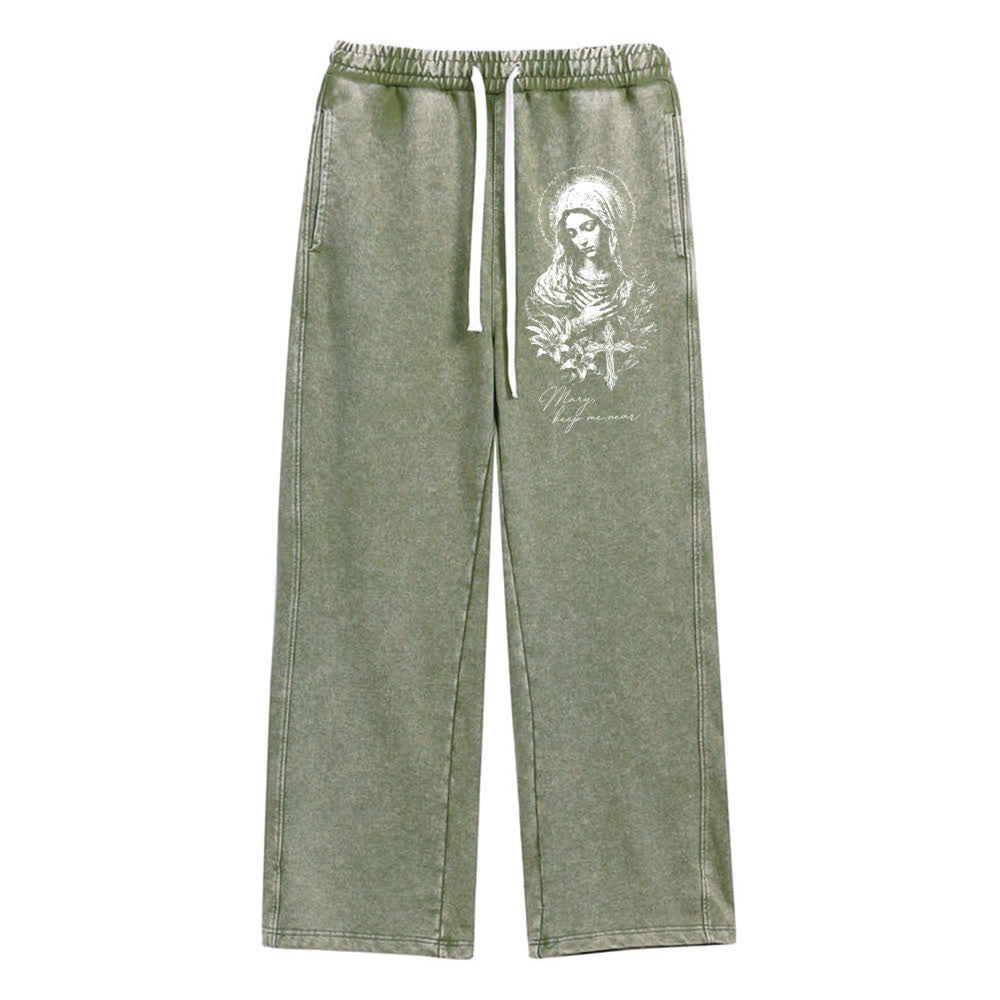Christianartworkshop Vintage Sketch Mary Floral Cross Statement Washed Sweatpants - Verde militare - XL - image 0