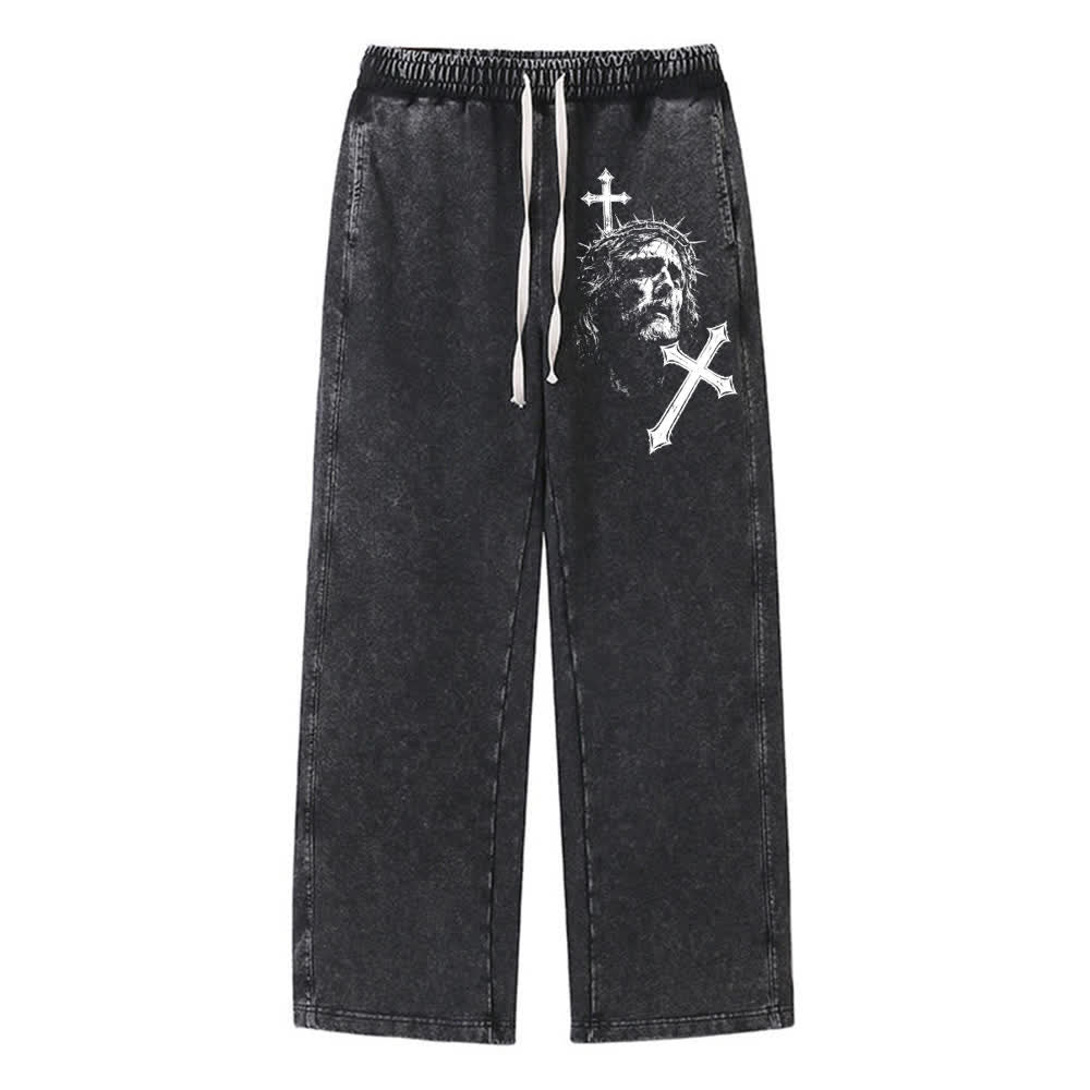 Christianartworkshop Vintage Sketch Jesus Crown Of Thorns Cross Statement Washed Sweatspants - Nero - XL - image 0