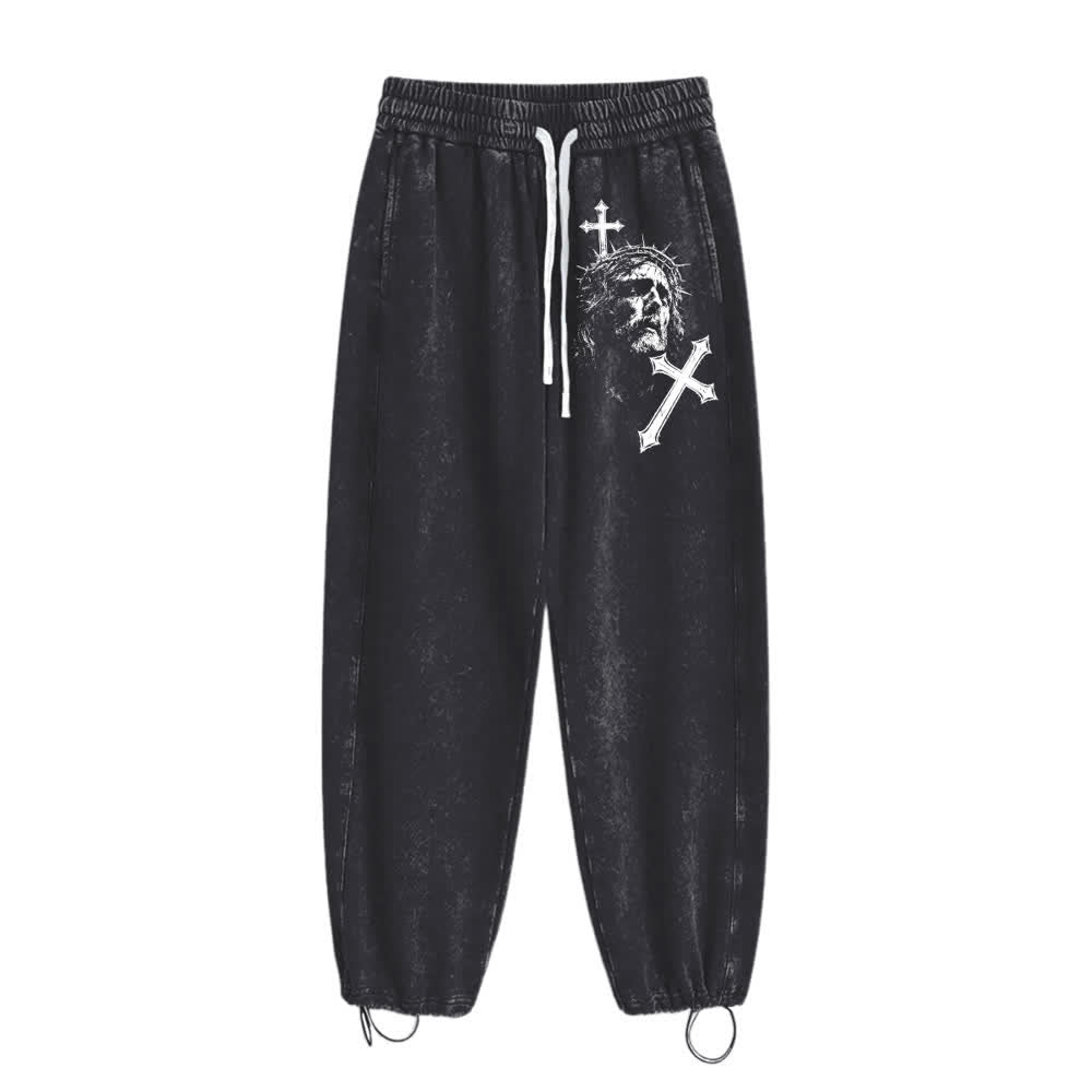 Christianartworkshop Vintage Sketch Jesus Crown Of Thorns Cross Statement Washed Sweatspants - image 1