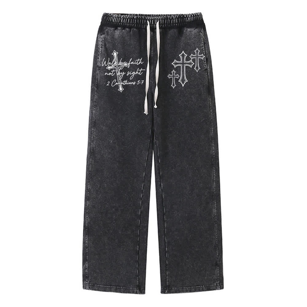 Christianartworkshop Scripture Walk By Faith Ornate Cross Statement Washed Sweatpants - Nero - XL - image 0