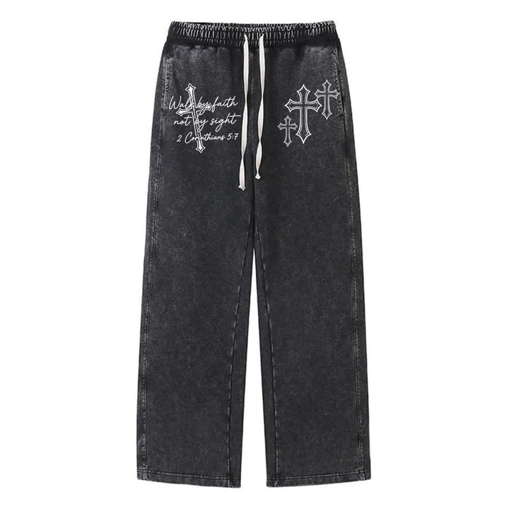 Christianartworkshop Scripture Walk By Faith Ornate Cross Statement Washed Sweatpants - Nero - XL - image 0