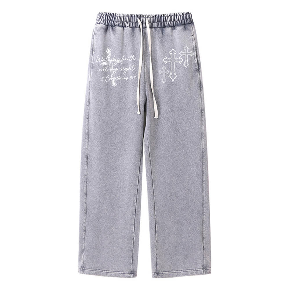 Christianartworkshop Scripture Walk By Faith Ornate Cross Statement Washed Sweatpants - Grigio - XL - image 3