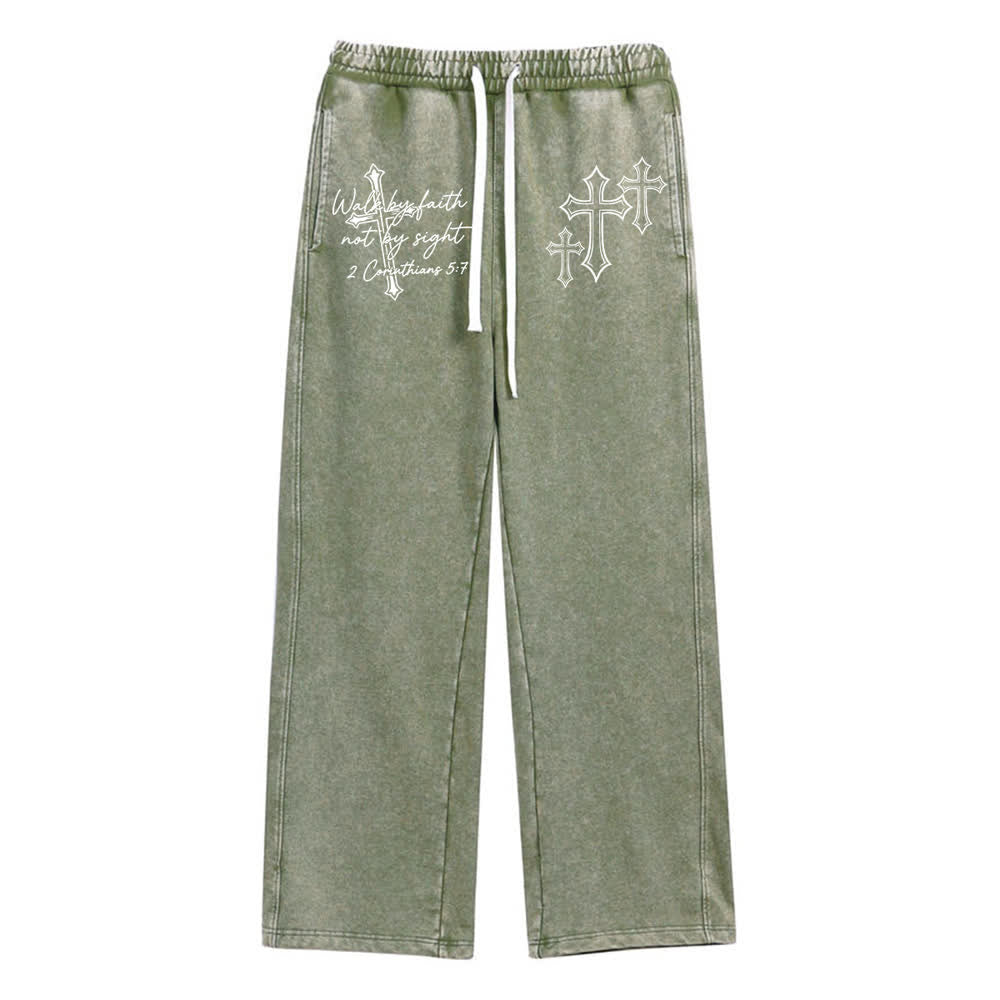 Christianartworkshop Scripture Walk By Faith Ornate Cross Statement Washed Sweatpants - Verde militare - XL - image 6