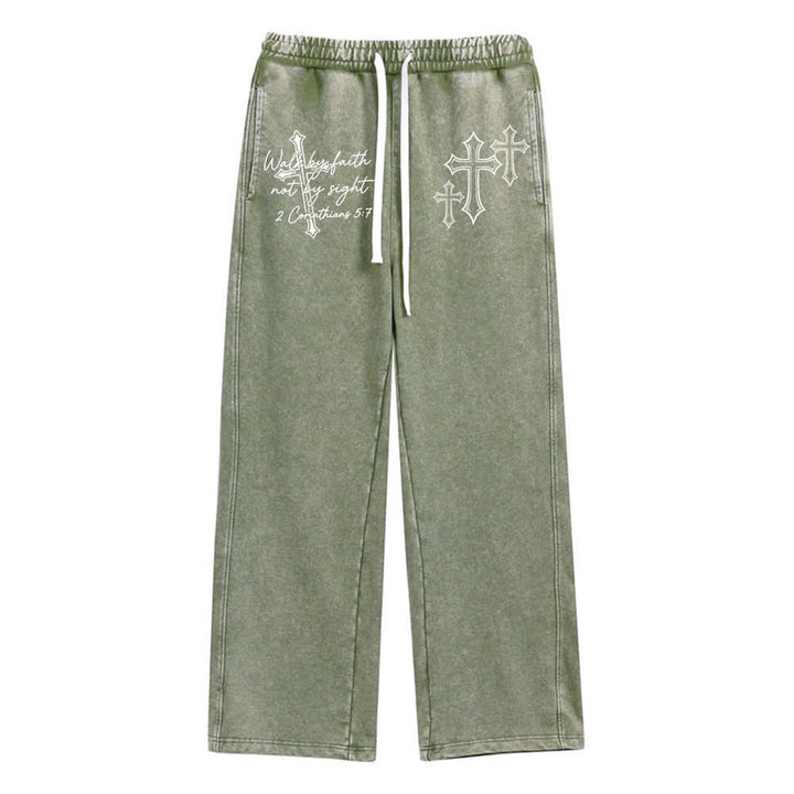 Christianartworkshop Scripture Walk By Faith Ornate Cross Statement Washed Sweatpants - Verde militare - XL - image 6