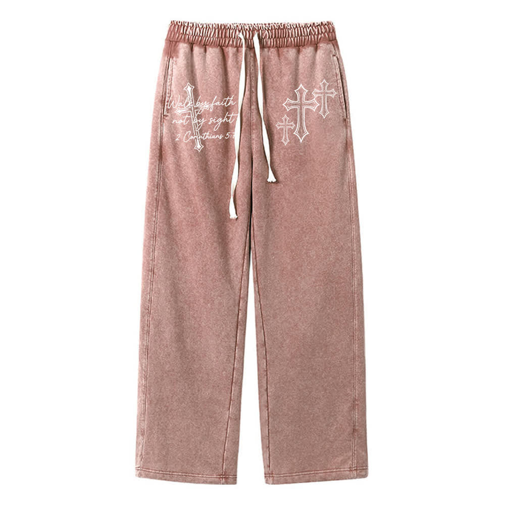 Christianartworkshop Scripture Walk By Faith Ornate Cross Statement Washed Sweatpants - Marrone - XL - image 9