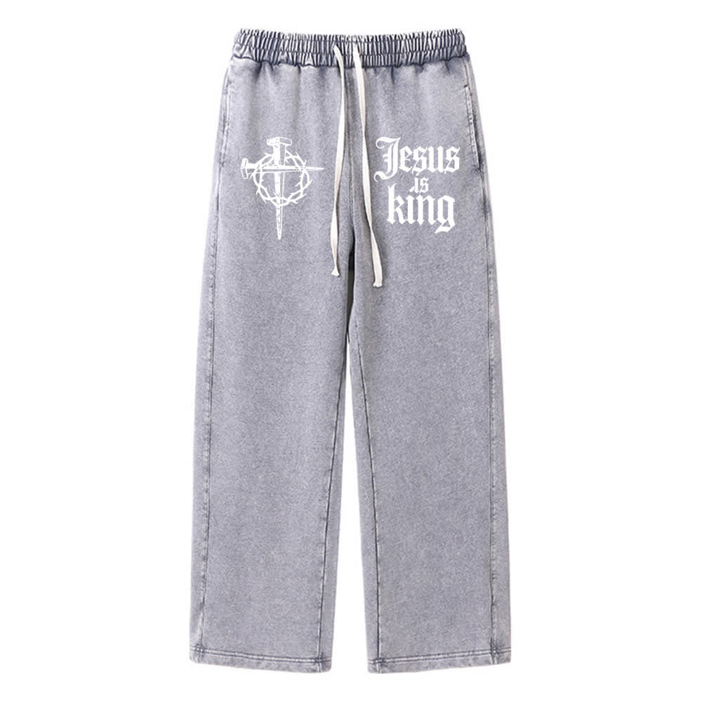 Christianartworkshop Pantaloni della tuta lavati con croce gotica a chiodi e scritta "Gesù è re" - Grigio - XL - image 3