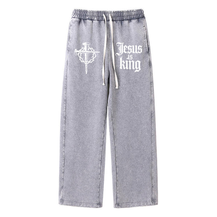 Christianartworkshop Pantaloni della tuta lavati con croce gotica a chiodi e scritta "Gesù è re" - Grigio - XL - image 3