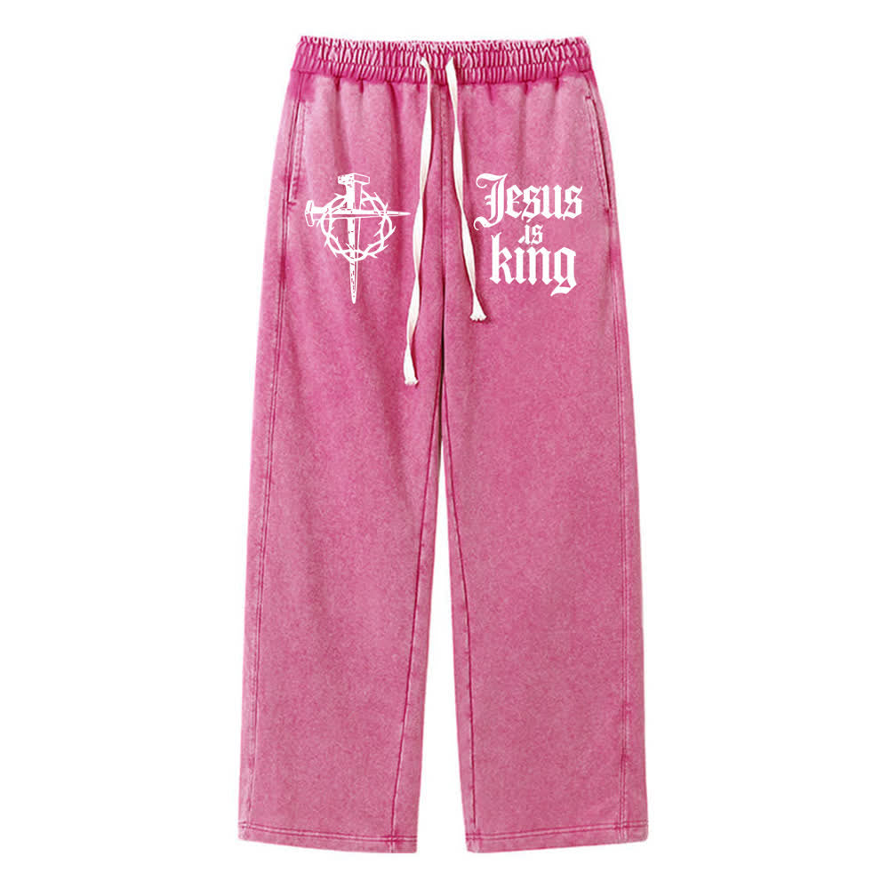Christianartworkshop Pantaloni della tuta lavati con croce gotica a chiodi e scritta "Gesù è re" - Rosa - XL - image 12