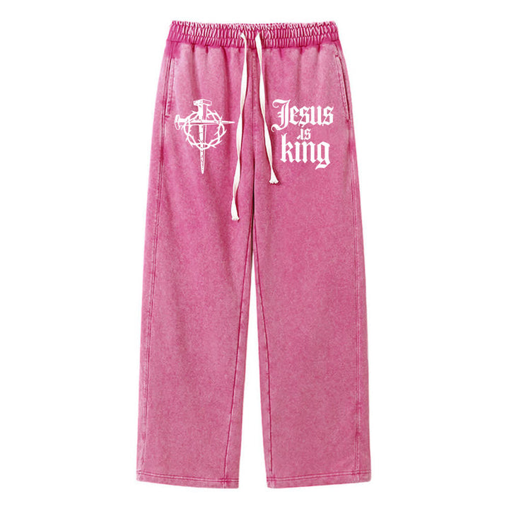 Christianartworkshop Pantaloni della tuta lavati con croce gotica a chiodi e scritta "Gesù è re" - Rosa - XL - image 12