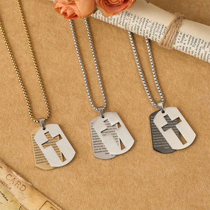 Christianartworkshop Collana con ciondolo a croce con preghiera del Signore e targhetta militare: emblema di grazia divina e fede - image 1