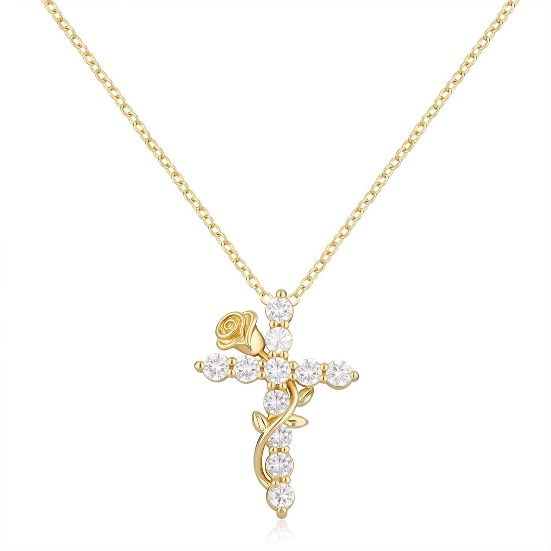 Collana con ciondolo a croce con rosa e vite di cristallo Christianartworkshop : simbolo di dolce misericordia celeste - image 0
