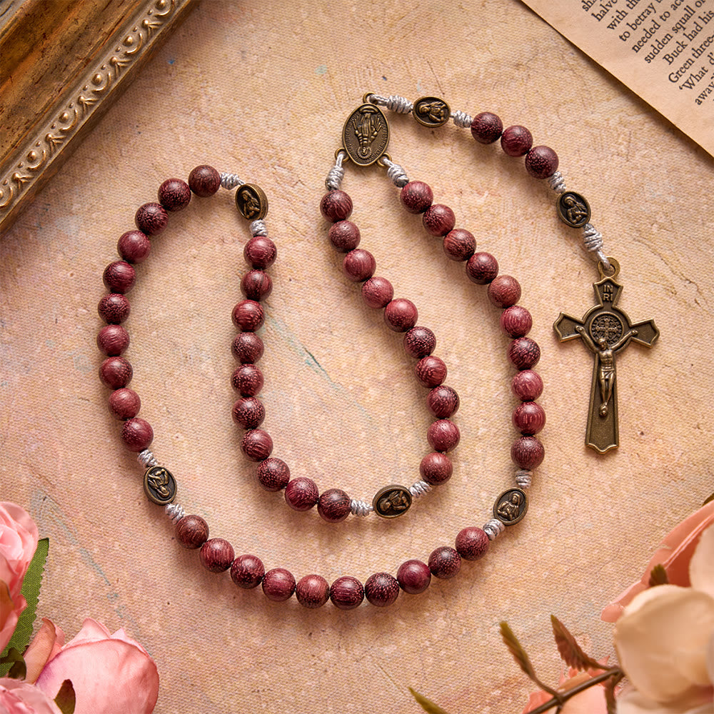 Christianartworkshop: Rosario della Madonna in legno di Purpleheart con devozione in bronzo. - Nostra Signora e il Crocifisso - image 0