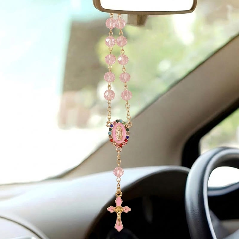 Christianartworkshop Elegante medaglione smaltato con crocifisso e rosario per auto: emblema di pace e sacro conforto - Rosa - image 6
