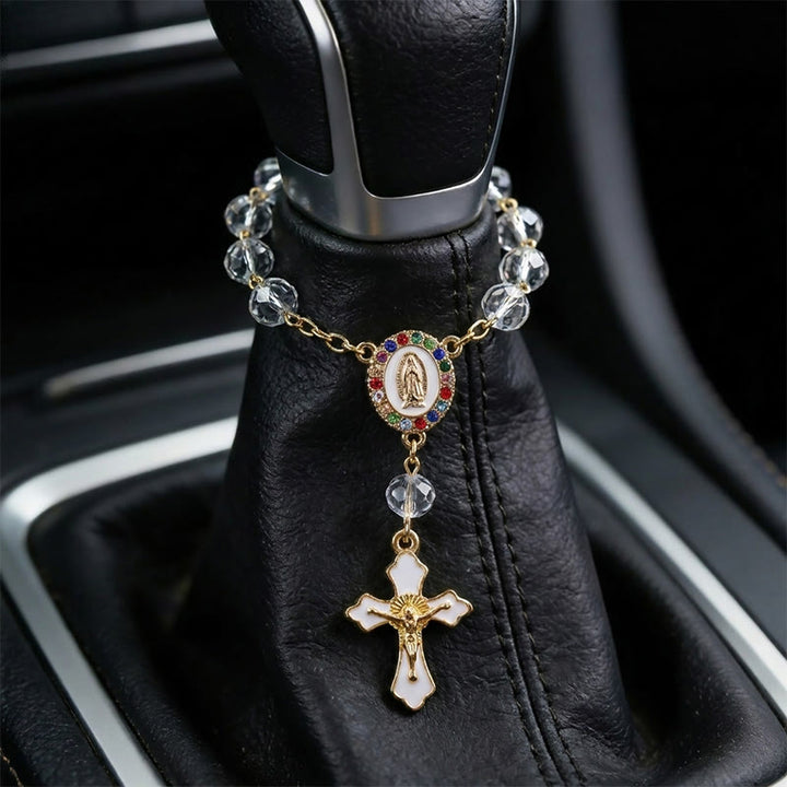 Christianartworkshop Elegante medaglione smaltato con crocifisso e rosario per auto: emblema di pace e sacro conforto - image 10