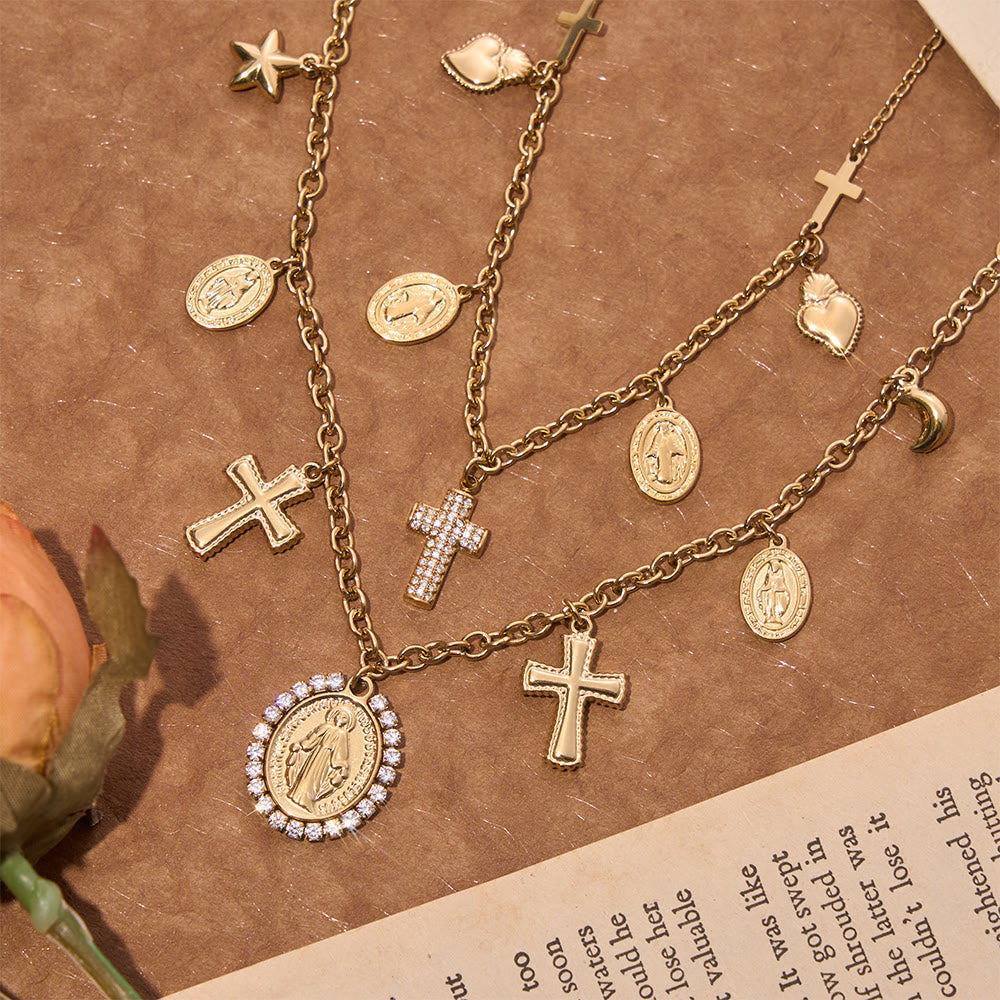 Christianartworkshop Collana girocollo vintage con ciondolo Maria e croce: emblema di delicata sacralità - image 0