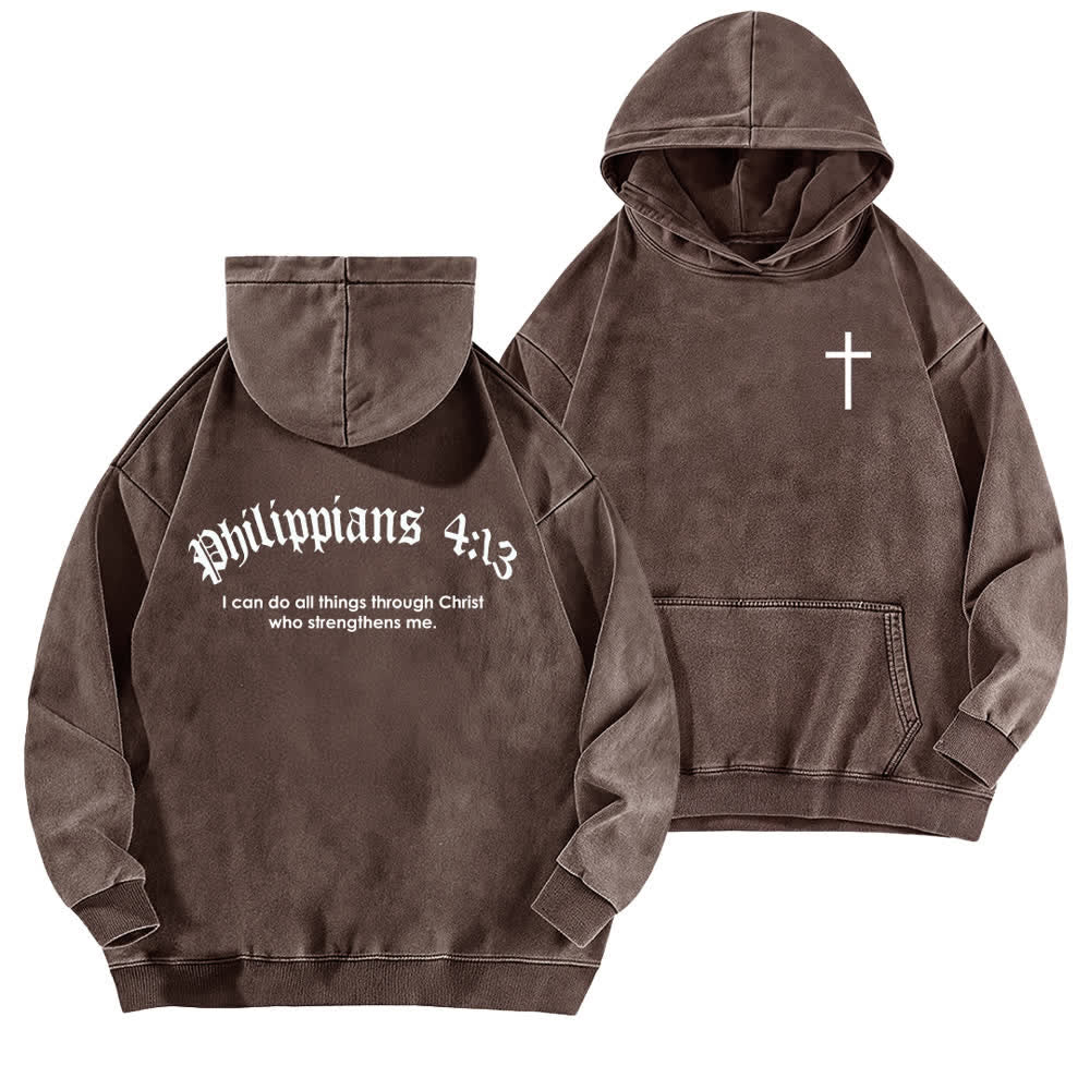 Christianartworkshop Felpa con cappuccio lavata con stampa gotica "Filippesi 4:13" e croce sul retro. - Marrone - 5XL - image 12